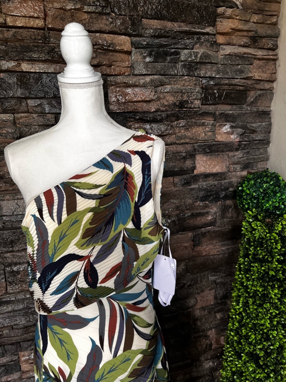Nicole Miller One-Shoulder Leaf-Print Midi Dress in Green, Blue and Tan - Picture 6 of 16